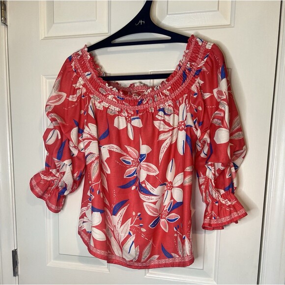 Pink Lily Coral Floral Off Shoulder Top Sz Small - Picture 1 of 7